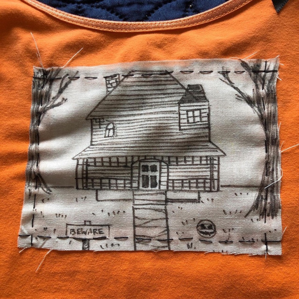 Upcycled Orange Halloween monster house patch camisole tank top with bows - Picture 4 of 7